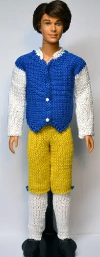 Ken i stickad blå väst med vita ärmar, gula knäbyxor och vita strumpor.
