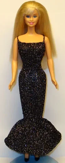 Barbie i svart glittrig festklänning med sjöjungfrumodell och volang.