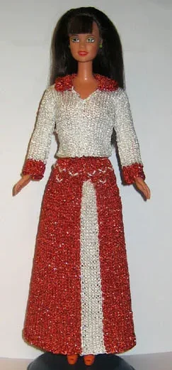 Barbie i glittrande röd och vit ABBA-outfit med skjorta och lång kjol.